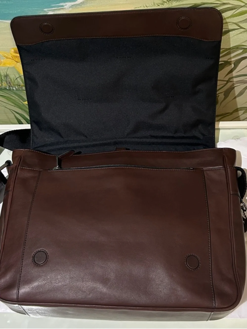 Coach Charles Dark Brown Mahogany Leather Messenger Bag with Black Strap